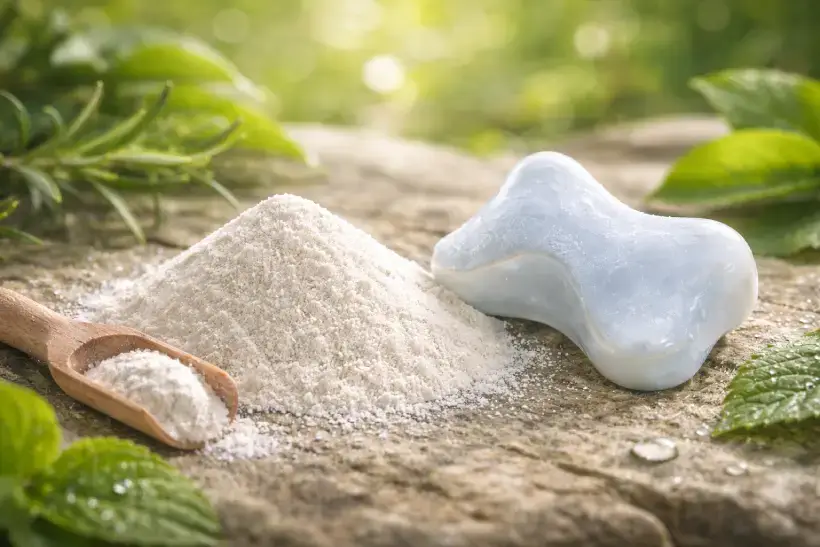 High-quality collagen and supporting ingredients shown as white powder and bone-shaped supplement on natural stone