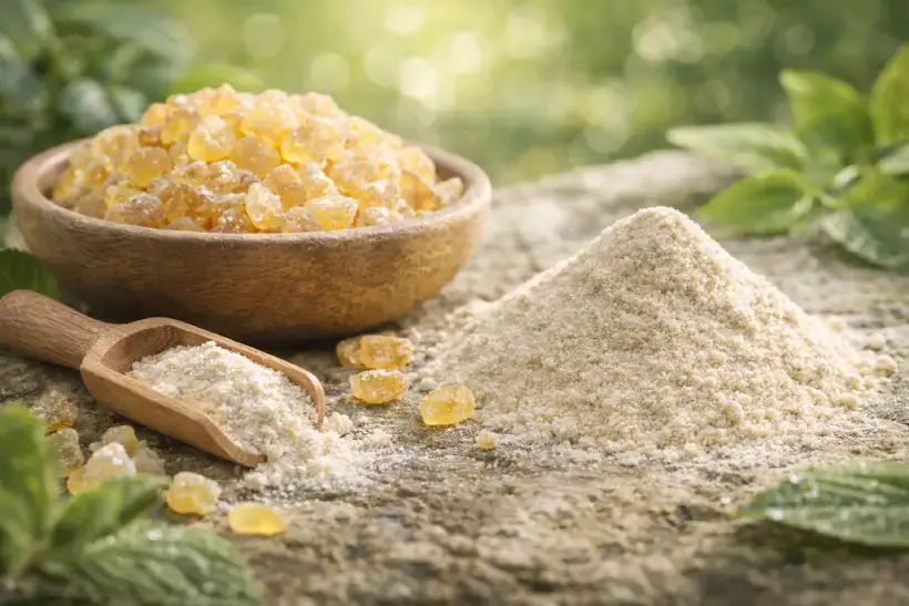 ApresFlex® and natural resin ingredients shown as golden resin pieces and fine powder on stone with green leaves